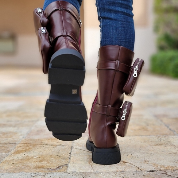 Wine Lace Up Combat Boots Lug Sole Removable Pouch for Women - Picture 4 of 5